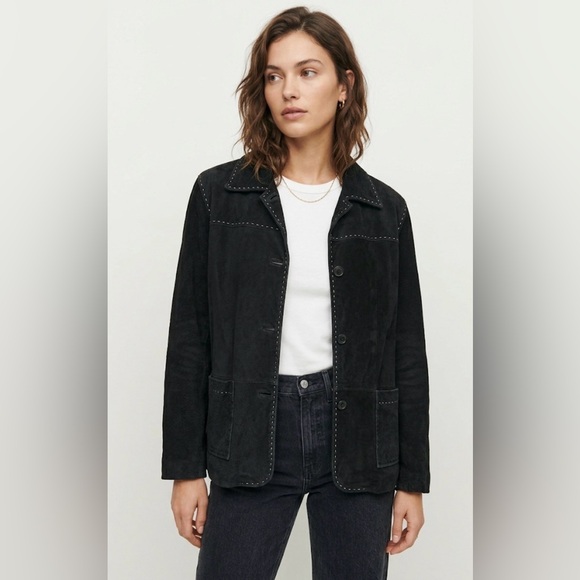 Vintage Jackets & Blazers - Vintage Black Suede Leather Jacket Contrast White Stitching Patch Boho 90s